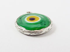 Green Yellow Evil Eye Round Artisan Handmade Glass Pendant - Matte Antique Silver Plated Bezel - 1pc