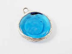 Translucent Cyan Blue Yellow Evil Eye Round Artisan Handmade Glass Pendant - Matte Antique Silver Plated Bezel - 1pc