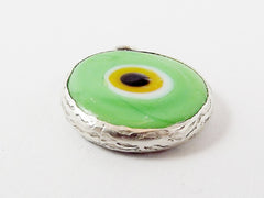 Pale Green Yellow Evil Eye Round Artisan Handmade Glass Pendant - Matte Antique Silver Plated Bezel - 1pc