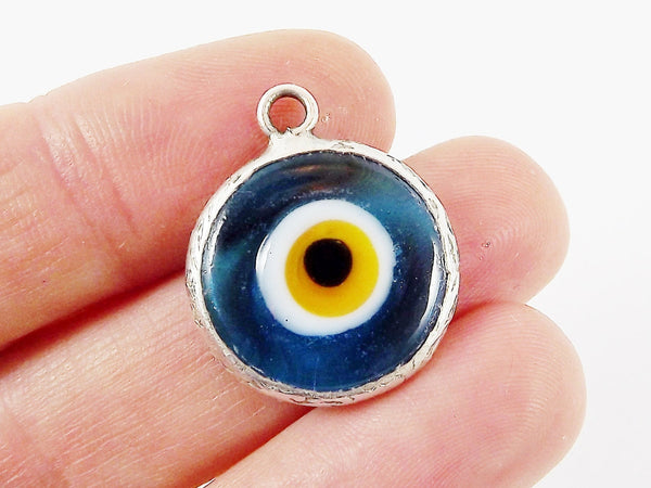 Translucent Cyan Blue Yellow Evil Eye Round Artisan Handmade Glass Pendant - Matte Antique Silver Plated Bezel - 1pc