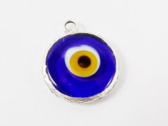 Translucent Navy Yellow Evil Eye Round Artisan Handmade Glass Pendant - Matte Antique Silver Plated Bezel - 1pc