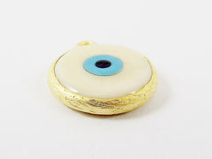 Creamy White Evil Eye Round Artisan Handmade Glass Pendant - 22k Matte Gold Plated Bezel - 1pc