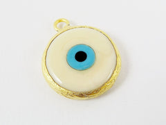 Creamy White Evil Eye Round Artisan Handmade Glass Pendant - 22k Matte Gold Plated Bezel - 1pc