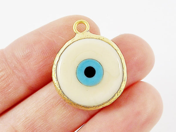 Creamy White Evil Eye Round Artisan Handmade Glass Pendant - 22k Matte Gold Plated Bezel - 1pc