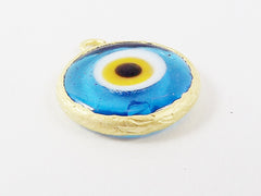 Translucent Blue Yellow Evil Eye Round Artisan Handmade Glass Pendant - 22k Matte Gold Plated Bezel - 1pc
