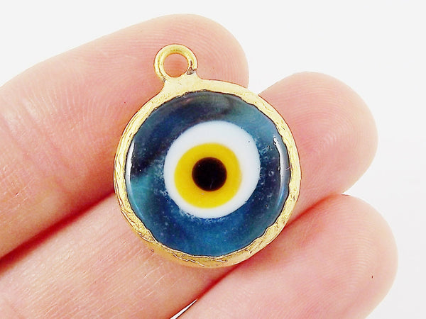 Translucent Blue Yellow Evil Eye Round Artisan Handmade Glass Pendant - 22k Matte Gold Plated Bezel - 1pc