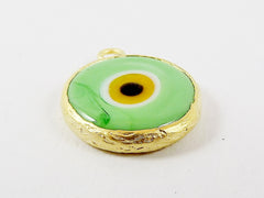 Pale Green Yellow Evil Eye Round Artisan Handmade Glass Pendant - 22k Matte Gold Plated Bezel - 1pc