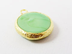 Pale Green Yellow Evil Eye Round Artisan Handmade Glass Pendant - 22k Matte Gold Plated Bezel - 1pc