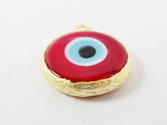 Red Evil Eye Round Artisan Handmade Glass Pendant - 22k Matte Gold Plated Bezel - 1pc