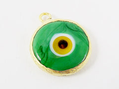 Green Evil Eye Round Artisan Handmade Glass Pendant - 22k Matte Gold Plated Bezel - 1pc