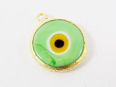 Pale Green Yellow Evil Eye Round Artisan Handmade Glass Pendant - 22k Matte Gold Plated Bezel - 1pc