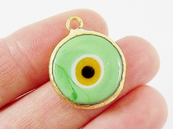 Pale Green Yellow Evil Eye Round Artisan Handmade Glass Pendant - 22k Matte Gold Plated Bezel - 1pc
