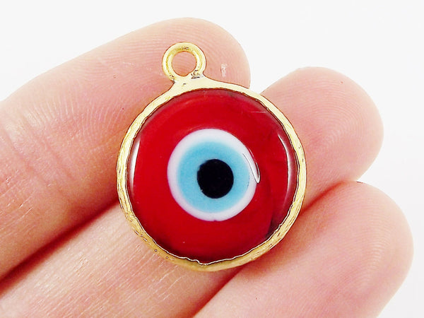 Red Evil Eye Round Artisan Handmade Glass Pendant - 22k Matte Gold Plated Bezel - 1pc