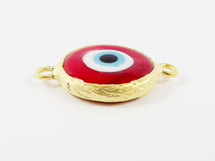 Red Evil Eye Round Artisan Handmade Glass Connector - 22k Matte Gold Plated Bezel - 1pc