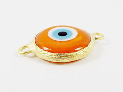 Orange Evil Eye Round Artisan Handmade Glass Connector - 22k Matte Gold Plated Bezel - 1pc