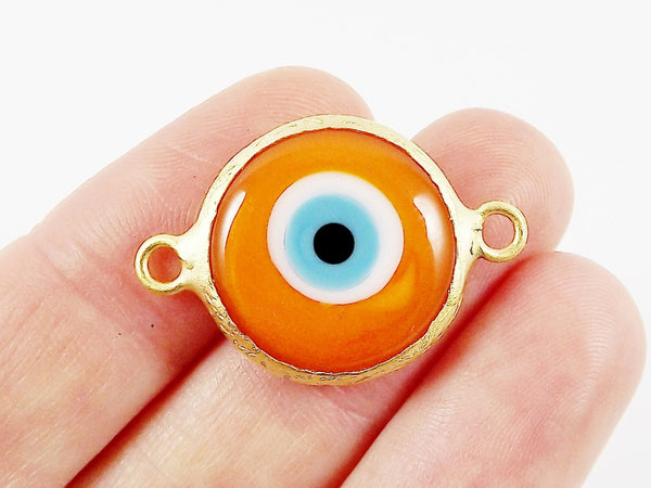 Orange Evil Eye Round Artisan Handmade Glass Connector - 22k Matte Gold Plated Bezel - 1pc