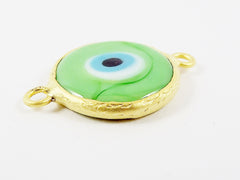 Pale Green Blue Evil Eye Round Artisan Handmade Glass Connector - 22k Matte Gold Plated Bezel - 1pc