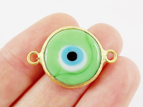Pale Green Blue Evil Eye Round Artisan Handmade Glass Connector - 22k Matte Gold Plated Bezel - 1pc