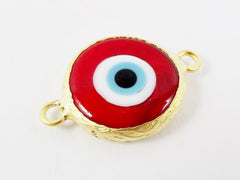 Red Evil Eye Round Artisan Handmade Glass Connector - 22k Matte Gold Plated Bezel - 1pc