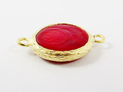 Red Evil Eye Round Artisan Handmade Glass Connector - 22k Matte Gold Plated Bezel - 1pc