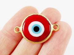 Red Evil Eye Round Artisan Handmade Glass Connector - 22k Matte Gold Plated Bezel - 1pc