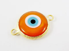 Orange Evil Eye Round Artisan Handmade Glass Connector - 22k Matte Gold Plated Bezel - 1pc