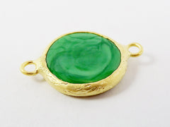 Green Evil Eye Round Artisan Handmade Glass Connector - 22k Matte Gold Plated Bezel - 1pc