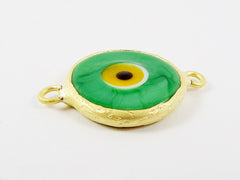 Green Evil Eye Round Artisan Handmade Glass Connector - 22k Matte Gold Plated Bezel - 1pc
