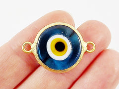 Translucent Blue Yellow Evil Eye Round Artisan Handmade Glass Connector - 22k Matte Gold Plated Bezel - 1pc