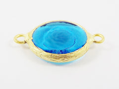 Translucent Blue Yellow Evil Eye Round Artisan Handmade Glass Connector - 22k Matte Gold Plated Bezel - 1pc