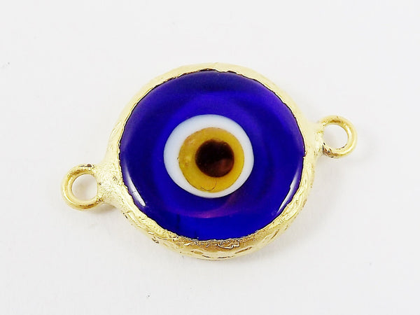 Translucent Navy Blue Evil Eye Round Artisan Handmade Glass Connector - 22k Matte Gold Plated Bezel - 1pc