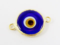 Translucent Navy Blue Evil Eye Round Artisan Handmade Glass Connector - 22k Matte Gold Plated Bezel - 1pc