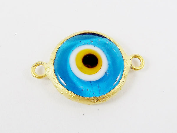 Translucent Blue Yellow Evil Eye Round Artisan Handmade Glass Connector - 22k Matte Gold Plated Bezel - 1pc