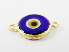 Translucent Navy Blue Evil Eye Round Artisan Handmade Glass Connector - 22k Matte Gold Plated Bezel - 1pc