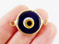 Translucent Navy Blue Evil Eye Round Artisan Handmade Glass Connector - 22k Matte Gold Plated Bezel - 1pc