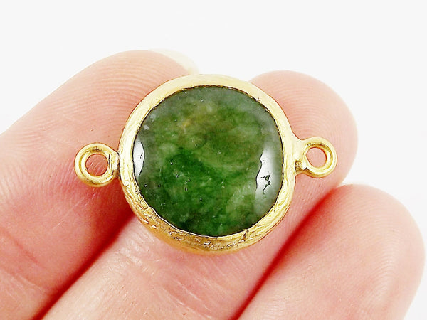 16mm Green Smooth Jade Connector- Gold plated Bezel - 1pc