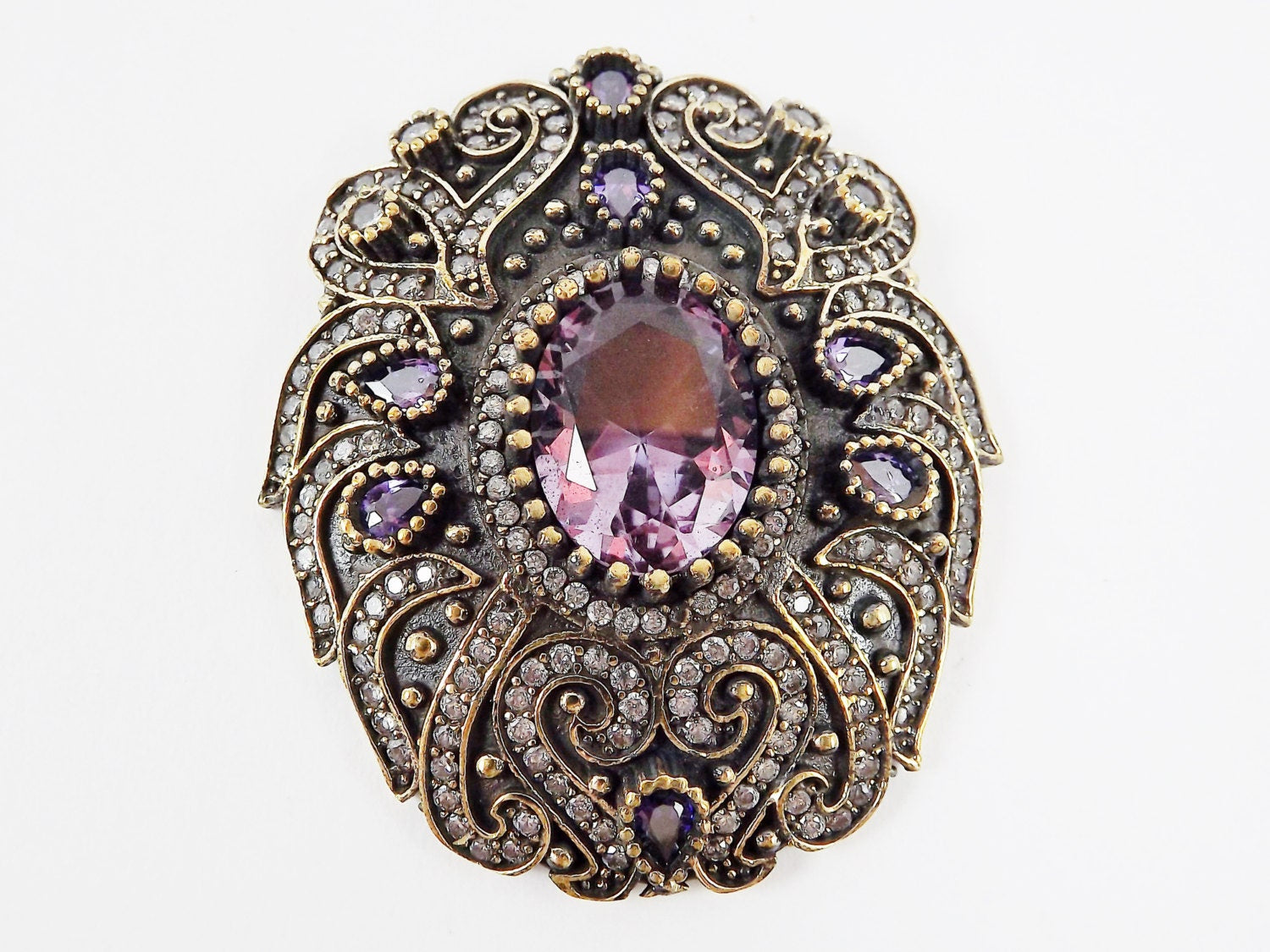 Large Purple Clear Rhinestone Crystal Pendant - Antique Bronze - 1PC - No:3