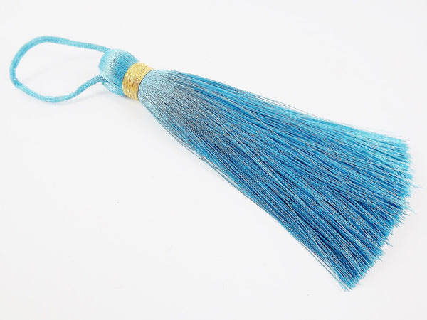 Maui Blue Silk Tassel, Extra Large Thick Tassel, Blue Tassel, Blue Thread Tassel, Tassels, Gold Metallic Band, 4.4 inches - 113mm - 1 pc