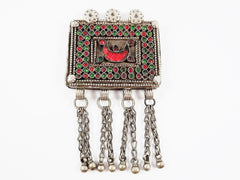 Vintage Kuchi Box Pendant - Ethnic Rectangle Green and Red Glass Cabochons and Dangle Chains - Handmade
