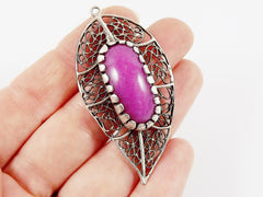 Filigree Leaf Pendant with Bezel Set Violet Purple Jade - Matte Silver Plated - 1PC