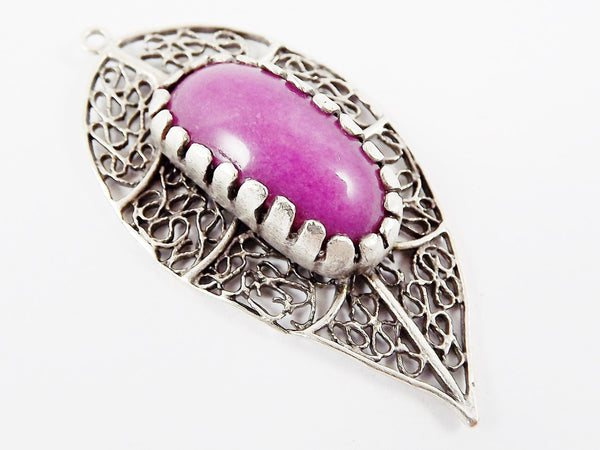 Filigree Leaf Pendant with Bezel Set Violet Purple Jade - Matte Silver Plated - 1PC