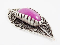 Filigree Leaf Pendant with Bezel Set Violet Purple Jade - Matte Silver Plated - 1PC