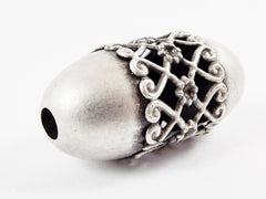 Large Filigree Banded Hollow Statement Ellipse Barrel Bead Spacer  - Matte Antique Silver Plated - 1PC - No:6