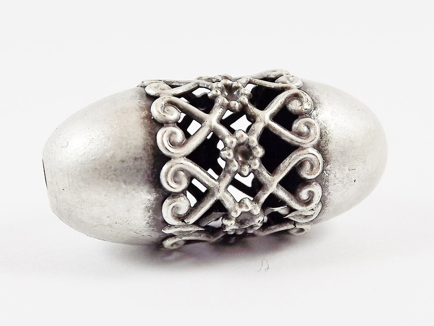Large Filigree Banded Hollow Statement Ellipse Barrel Bead Spacer  - Matte Antique Silver Plated - 1PC - No:6