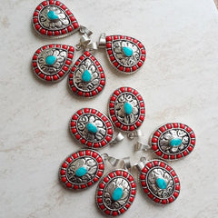 Teardrop Ethnic Turquoise Coral Tribal Pendant - Tibetan Nepalese Handmade - Silver