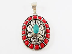 Oval Ethnic Turquoise Coral Tribal Pendant - Tibetan Nepalese Handmade - Silver