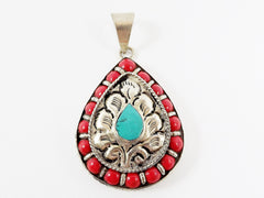 Teardrop Ethnic Turquoise Coral Tribal Pendant - Tibetan Nepalese Handmade - Silver