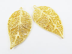 Gold Leaf Charms, Filigree Leaf, Leaf Pendant, Metal Leaf Charms, Gold Leaves, Boho Charms, Jewelry Supplies, 22k Matte Gold Plated 2pc