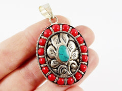 Oval Ethnic Turquoise Coral Tribal Pendant - Tibetan Nepalese Handmade - Silver