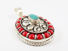 Oval Ethnic Turquoise Coral Tribal Pendant - Tibetan Nepalese Handmade - Silver